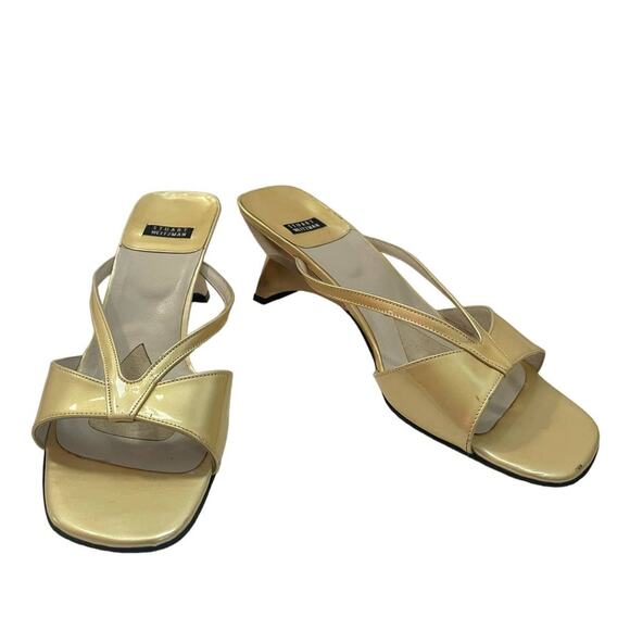 Stuart Weitzman Yellow Patent Leather Slip on Sculptural Wedge Mules Size 7.5 - Picture 1 of 7